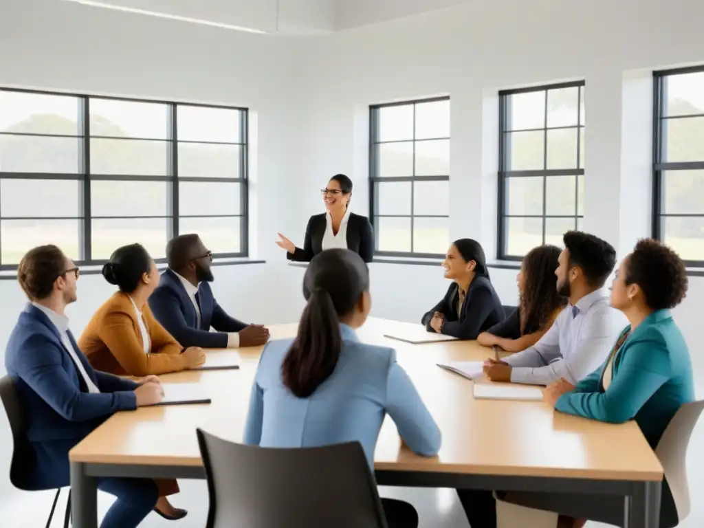 Una aula minimalista con diversidad de estudiantes recibiendo feedback constructivo de su maestra