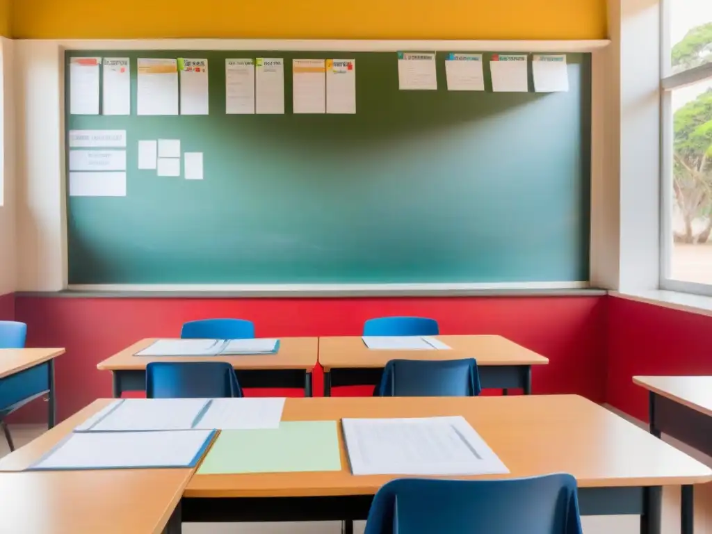 Aula minimalista en Uruguay con escritorio de profesor, mate y manzanas