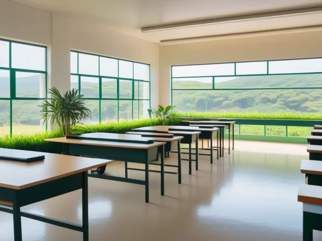 Un aula minimalista en Uruguay con escritorios vacíos y plantas, transmitiendo calma y resiliencia para la salud mental de los estudiantes