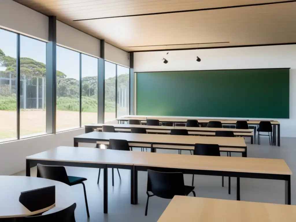 Aula minimalista en escuela de arquitectura sostenible en Uruguay, con alumnos colaborando en un entorno contemporáneo