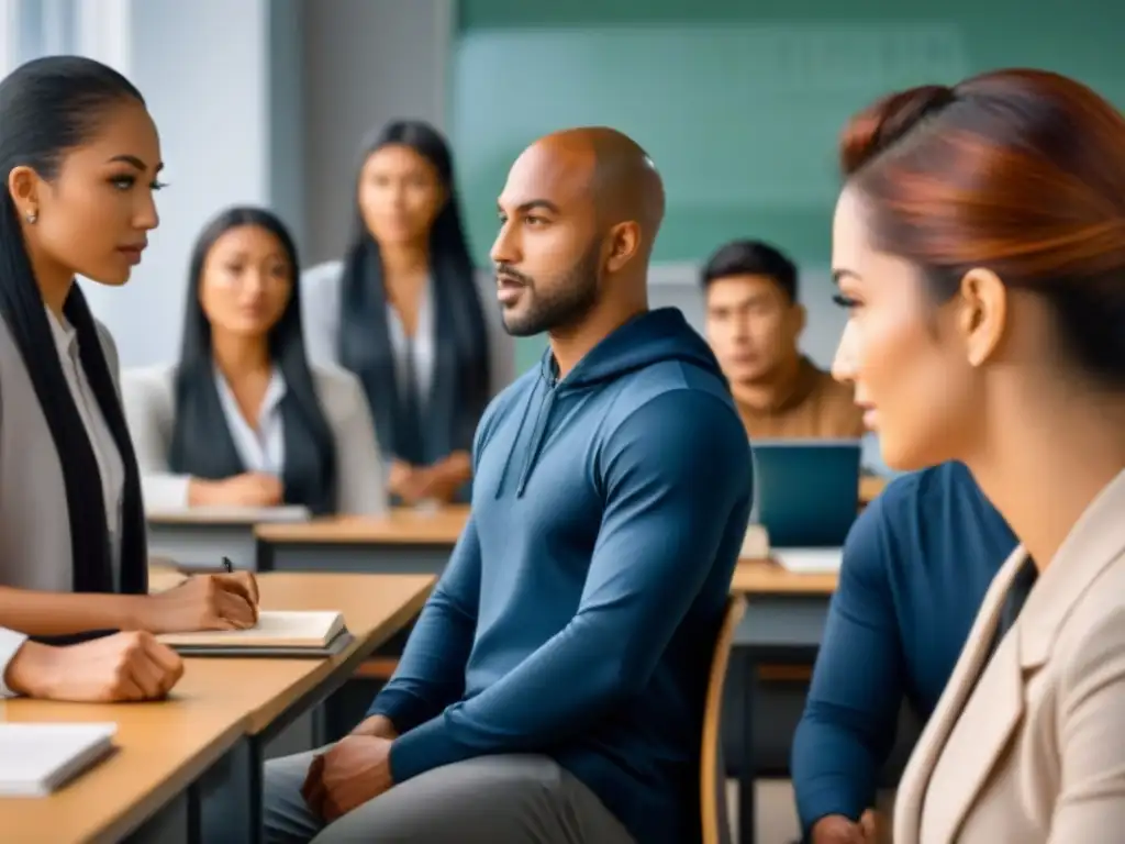 Una aula minimalista con estudiantes de diversas culturas participando activamente en discusiones