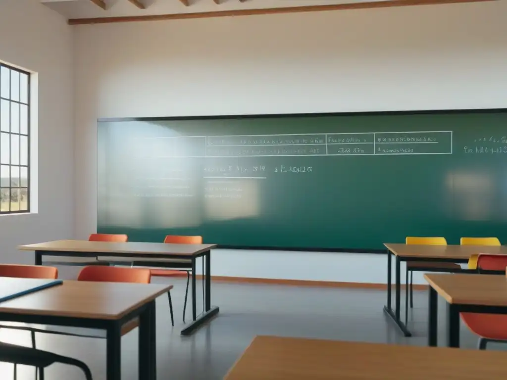 Aula minimalista en Uruguay con infografías educativas y luz natural