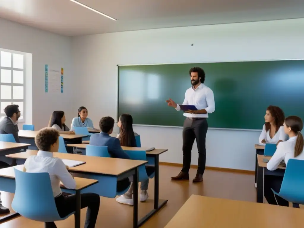 Un aula minimalista en Uruguay con innovadores métodos de enseñanza, estudiantes comprometidos, mobiliario ergonómico y pizarras interactivas