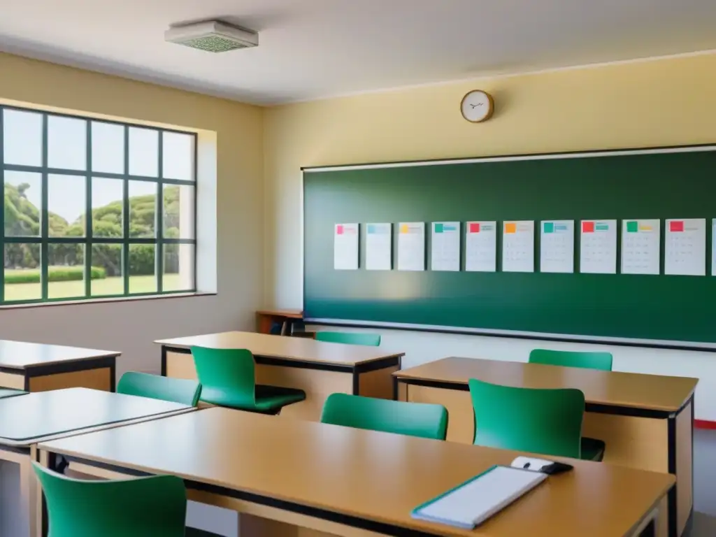 Aula moderna en Uruguay: pizarrón blanco y laptops Un aula minimalista y moderna en Uruguay con pizarrón blanco y diagramas coloridos, laptops en pupitres y ventana con vista a un patio escolar verde