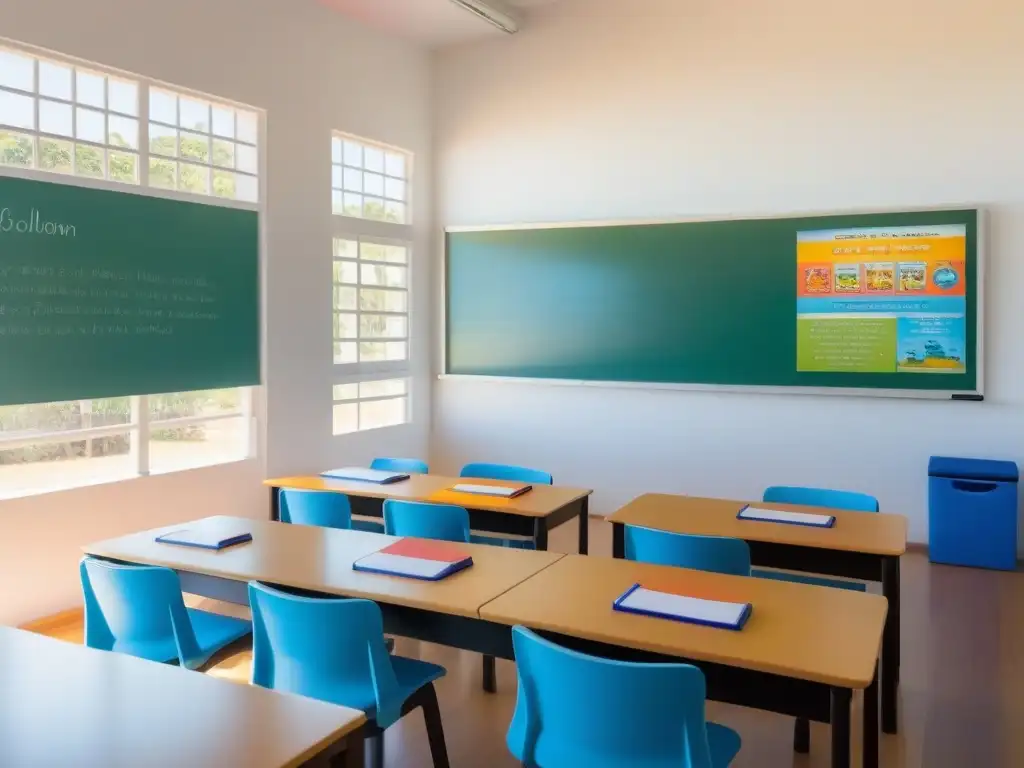 Un aula minimalista y serena en una escuela bilingüe en Uruguay, con pizarrón moderno y lecciones de idiomas coloridas