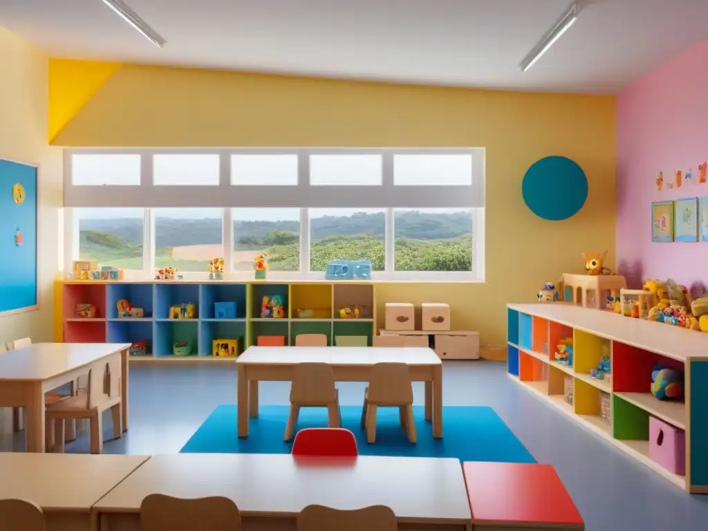 Aula infantil en Uruguay: diseño sereno y educativo Un aula minimalista y serena en Uruguay, ideal para el desarrollo infantil, con colores suaves y niños felices aprendiendo juntos