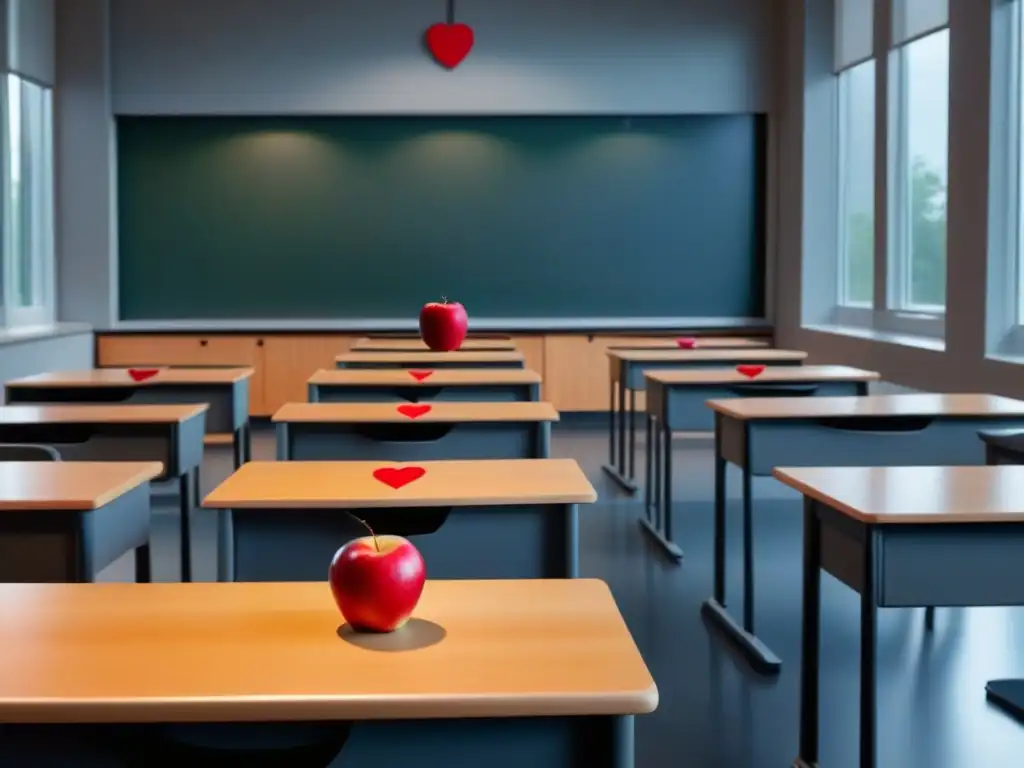 Un aula minimalista y serena con luz natural, escritorios simétricos y un solitario con una manzana roja