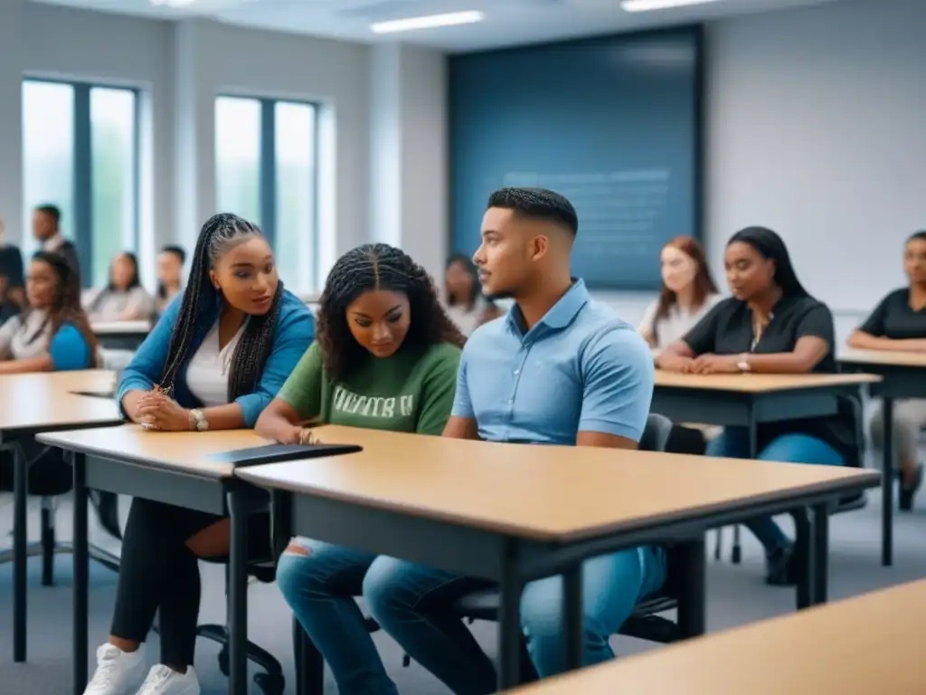 Un aula moderna y accesible con estudiantes diversos colaborando juntos, promoviendo la inclusión educativa infraestructura accesible