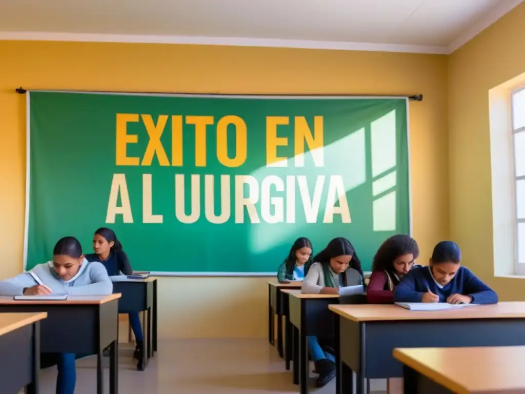 Un aula moderna y acogedora con estudiantes diversos concentrados en sus estudios bajo un cartel inspirador