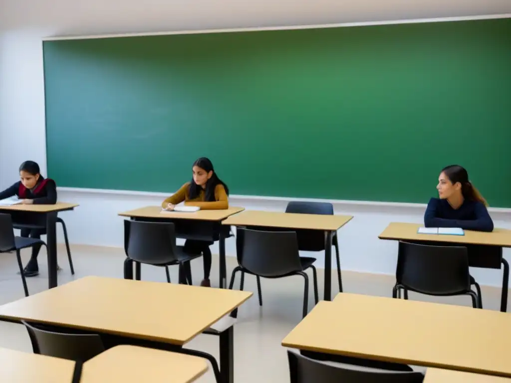 Un aula moderna en Uruguay con alumnos diversos concentrados en una lección de idiomas