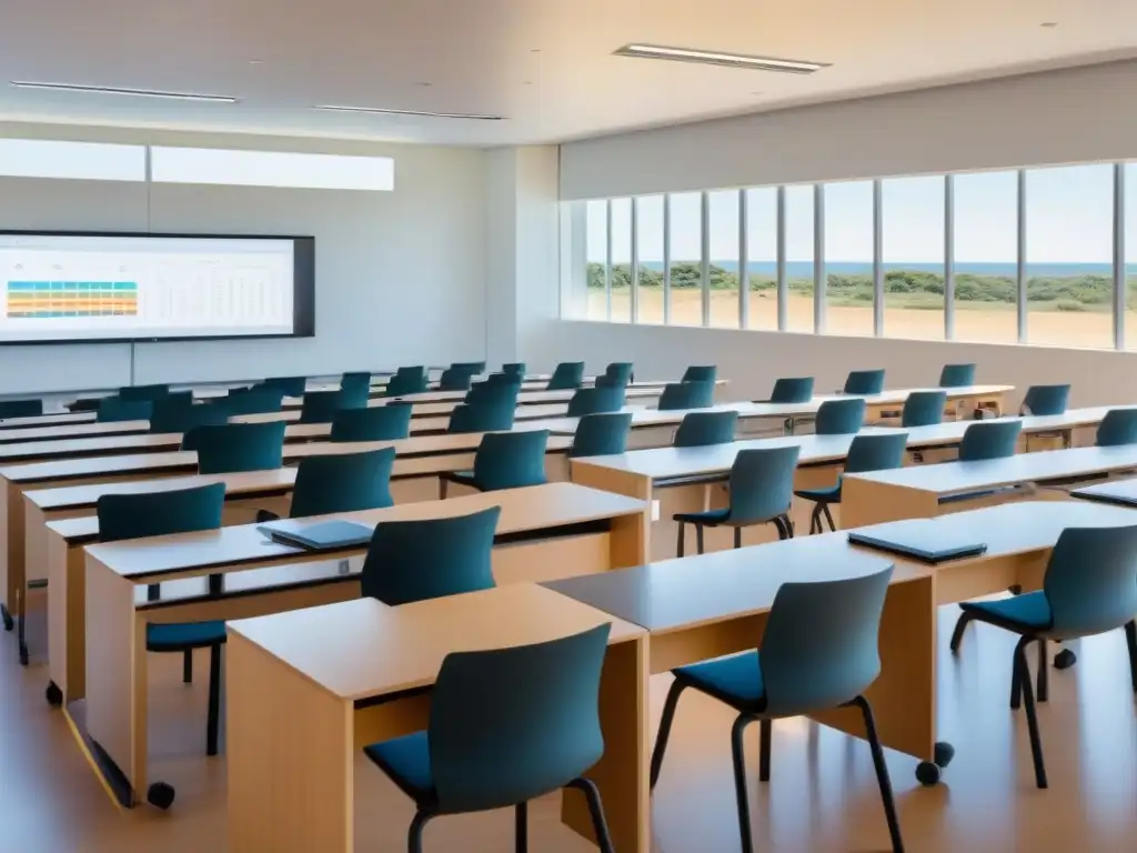 Un aula moderna en Uruguay con alumnos trabajando en evaluaciones estándar