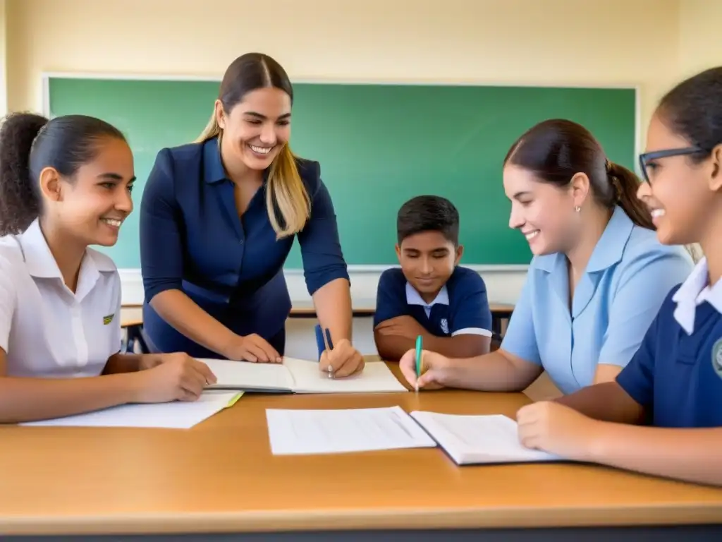 Un aula moderna en Uruguay con aprendizaje servicio, justicia social y diversidad de estudiantes y maestros colaborando juntos