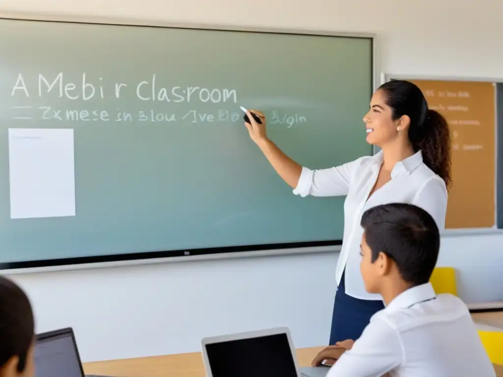 Un aula moderna en Uruguay con blogs educativos en Uruguay, maestro interactuando con estudiantes alrededor de un blog en pizarra digital