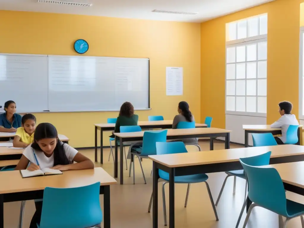 Un aula moderna en Uruguay con tecnología de gamificación en educación, alumnos comprometidos y diversidad cultural