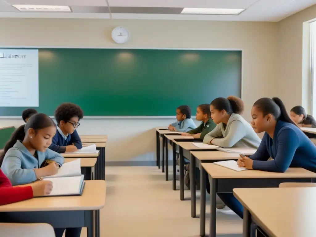 Un aula moderna y diversa donde estudiantes participan en actividades bilingües interactivas, fomentando la colaboración y el progreso educativo