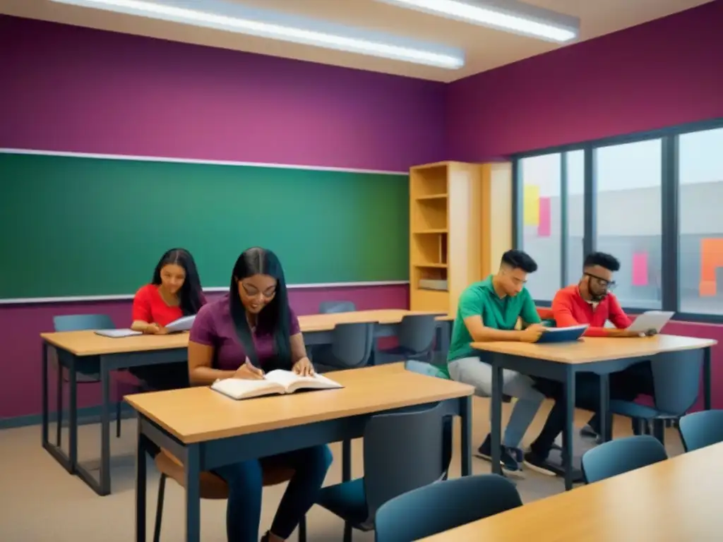 Un aula moderna y diversa en Uruguay, con estudiantes participando en actividades educativas