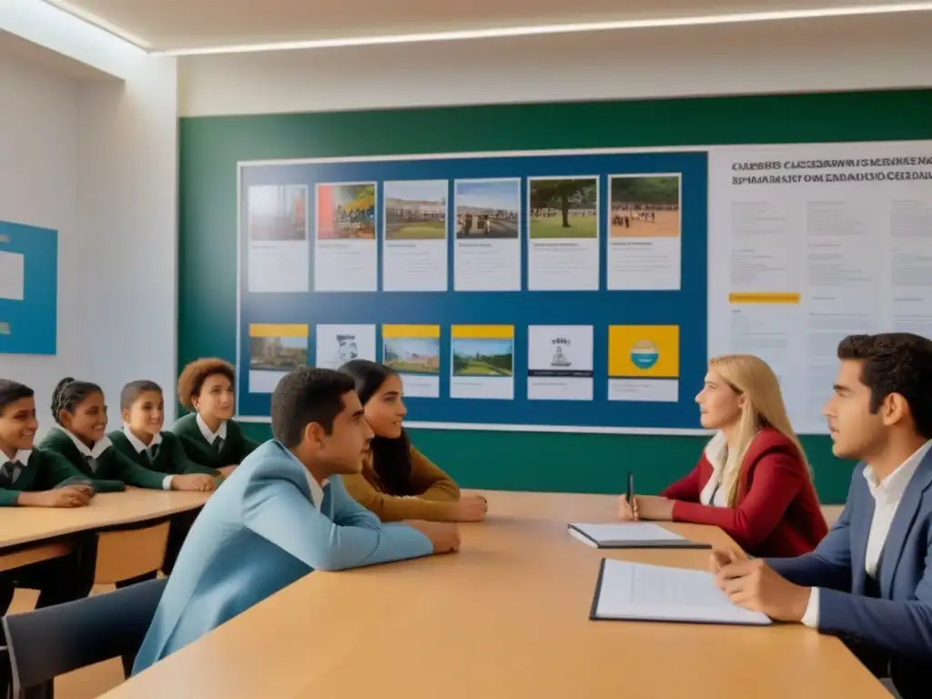 Un aula moderna en Uruguay muestra diversidad y colaboración, reflejando las políticas educativas uruguayas siglo XX