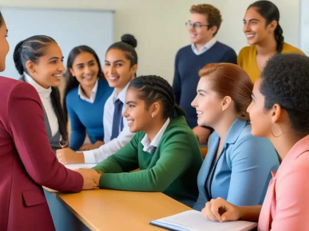 Un aula moderna en Uruguay muestra diversidad e inclusión, con estudiantes colaborando y avanzada tecnología