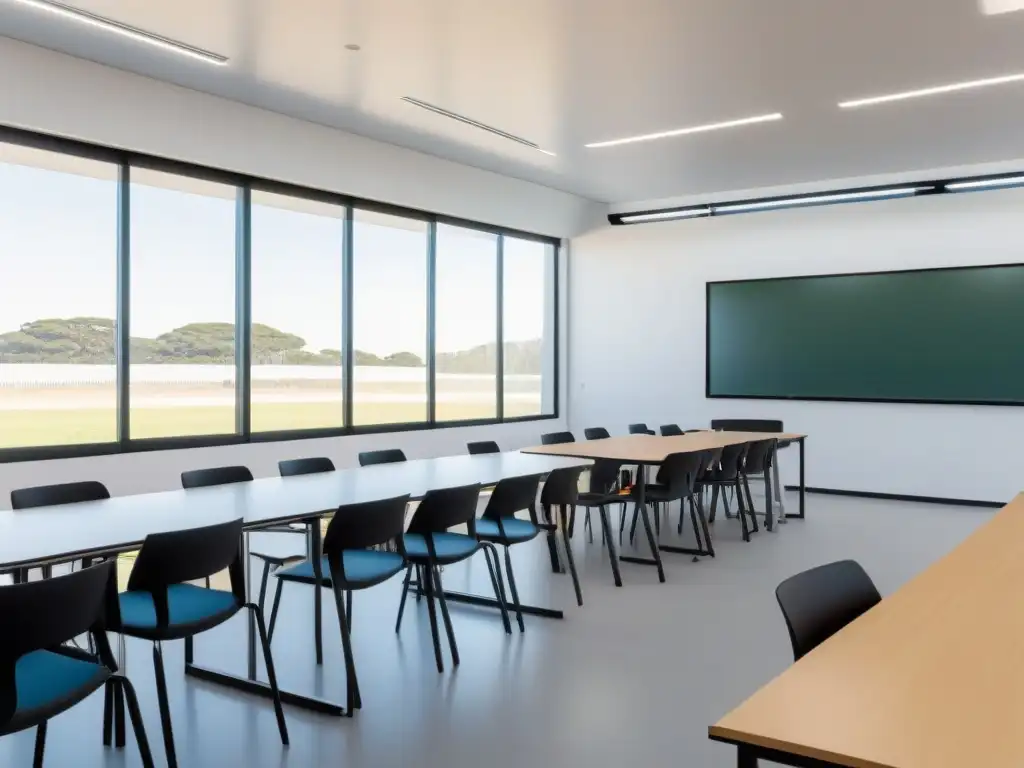 Aula moderna en Uruguay con formación docente continua, diseño minimalista, tecnología educativa y ambiente luminoso