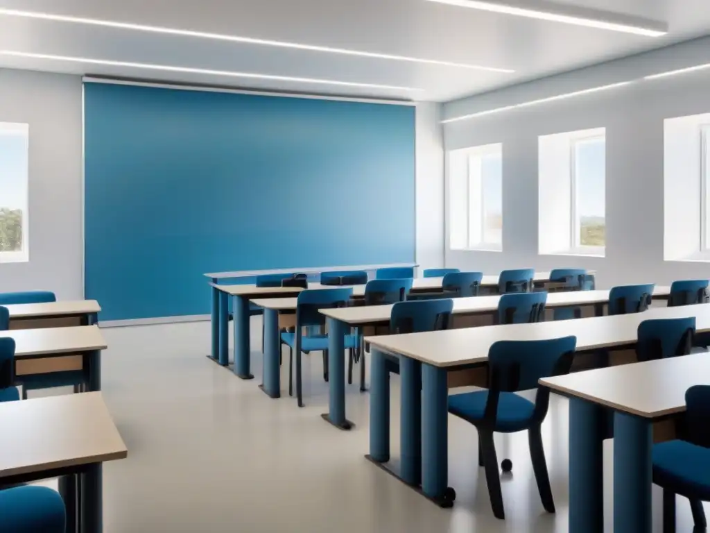 Aula moderna en Uruguay: diseño sofisticado y tecnología de vanguardia Un aula moderna y elegante en Uruguay, con tecnología avanzada y mobiliario ergonómico en tonos suaves