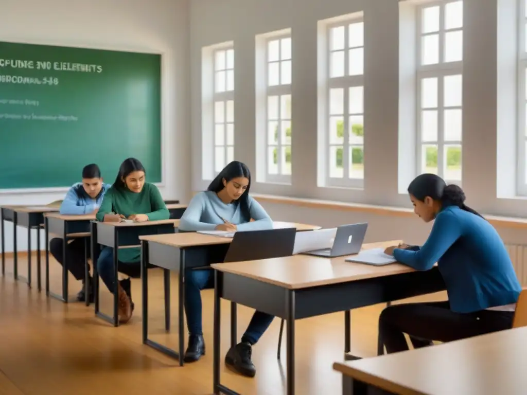 Un aula moderna en Uruguay con enseñanza personalizada, alumnos concentrados en actividades individuales