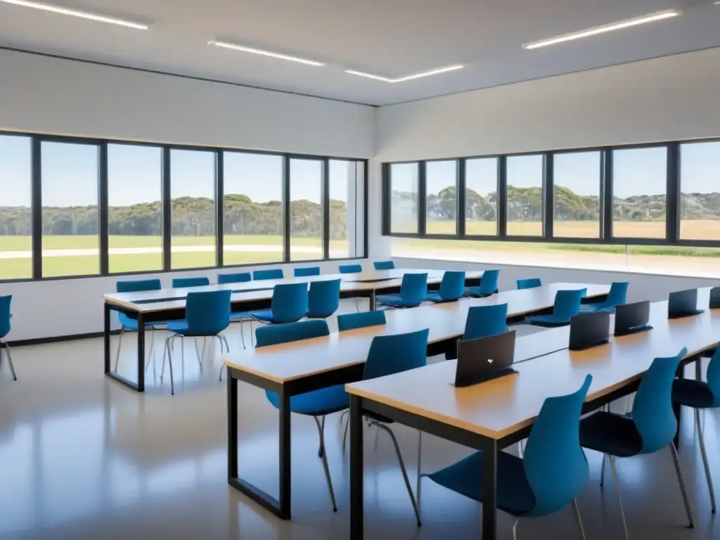 Un aula moderna en Uruguay con equipamiento de vanguardia y estudiantes diversos interactuando en actividades educativas