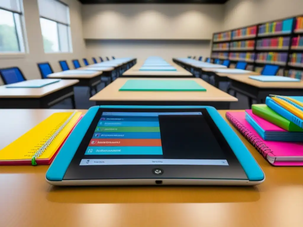 Un aula moderna con escritorio organizado, libros, material escolar y tablet mostrando gráfico