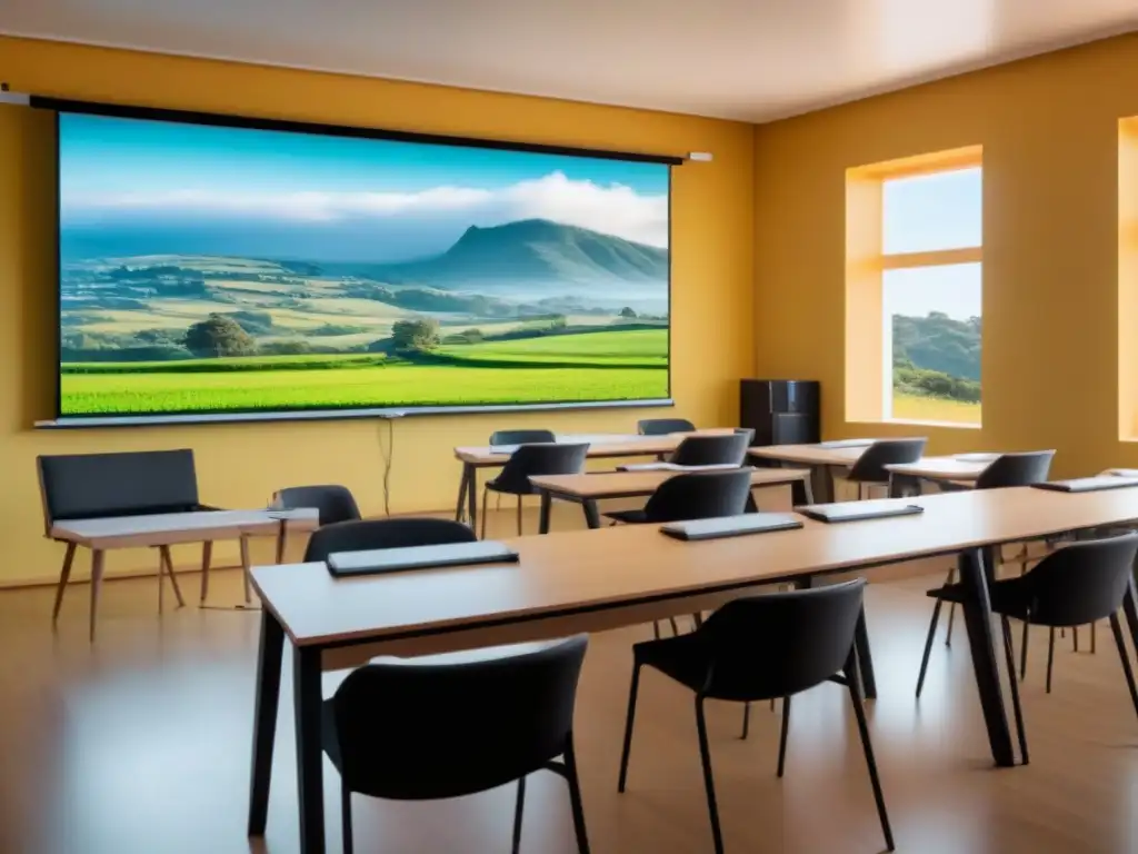 Un aula moderna en Uruguay con escritorios elegantes, sillas ergonómicas, pizarra digital y ventana panorámica