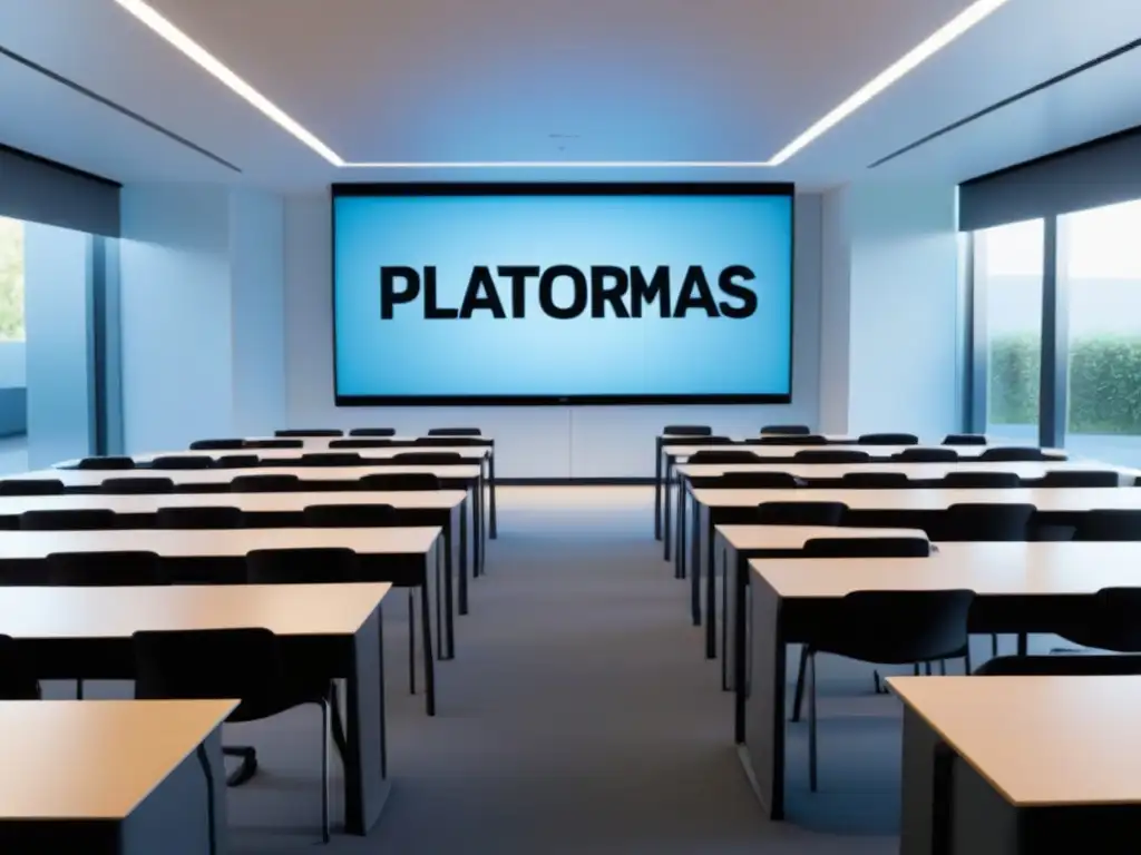 Un aula moderna con escritorios vacíos y pantalla digital, perfecta para 'Plataformas eLearning gratuitas Uruguay'