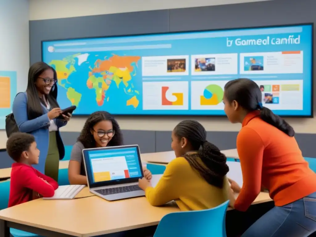 En una aula moderna, estudiantes participan en actividad educativa gamificada