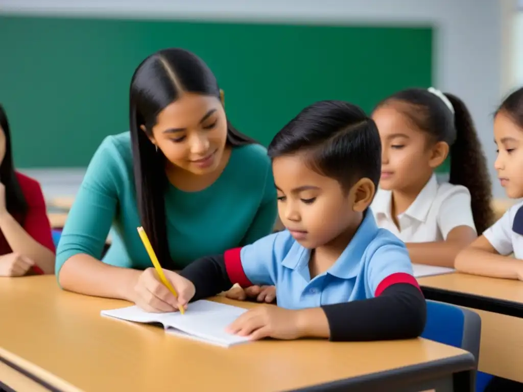 Un aula moderna donde estudiantes diversos colaboran en actividades bilingües, representando los beneficios del bilingüismo en educación en Uruguay