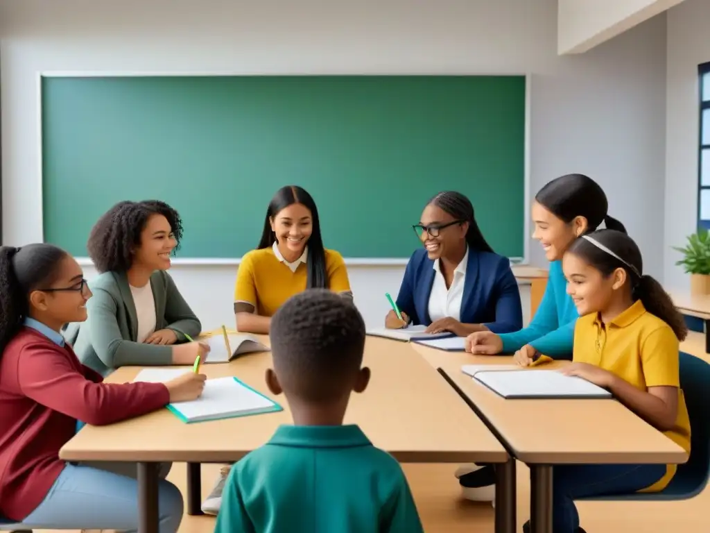 Un aula moderna con estudiantes diversos colaborando en actividades educativas, simbolizando inclusión y diversidad en la educación