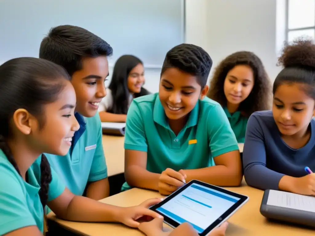 Un aula moderna en Uruguay con estudiantes diversos disfrutando de actividades educativas colaborativas con dispositivos digitales de Plan Ceibal