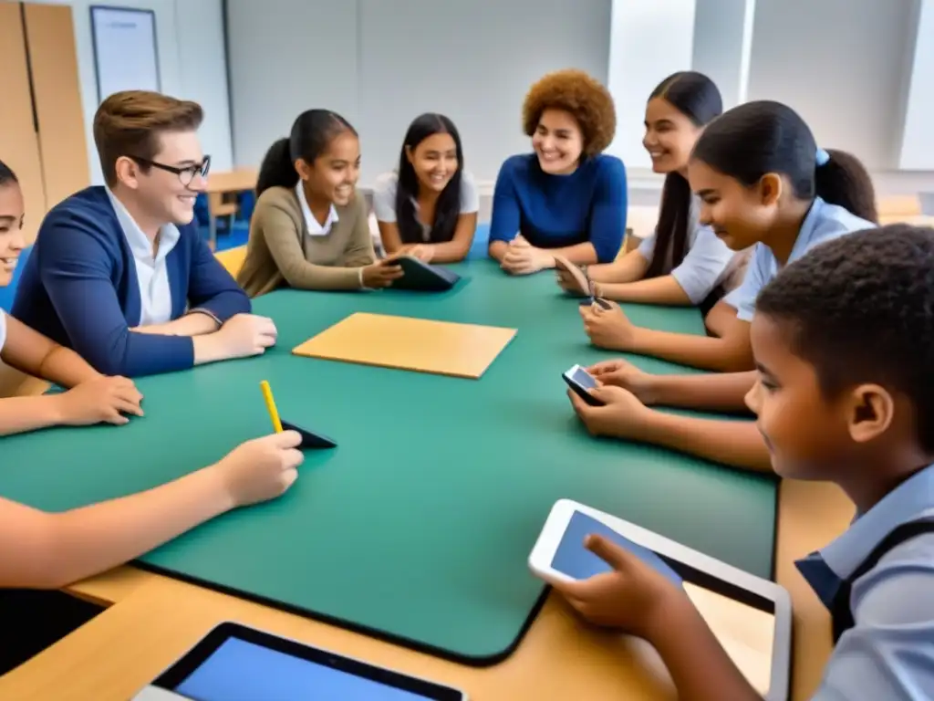 Un aula moderna donde estudiantes diversos participan activamente en aprendizaje colaborativo, reflejando unidad e innovación