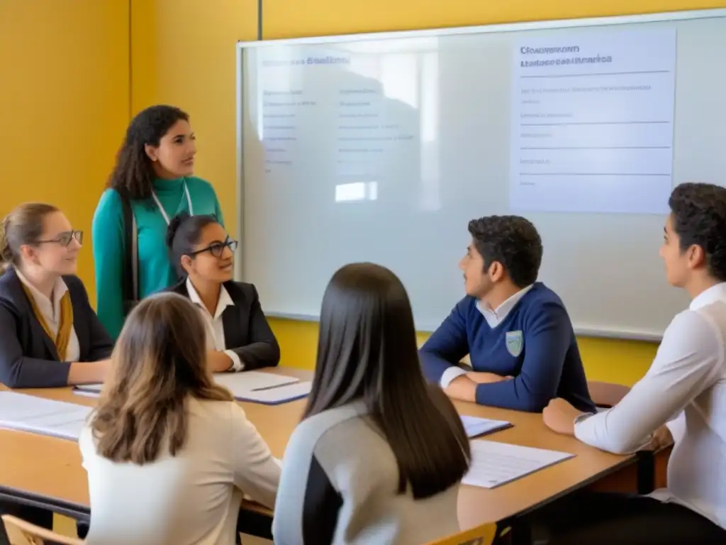 Una aula moderna en Uruguay con estudiantes atentos a políticas educativas OCDE, fomentando un entorno inclusivo y colaborativo