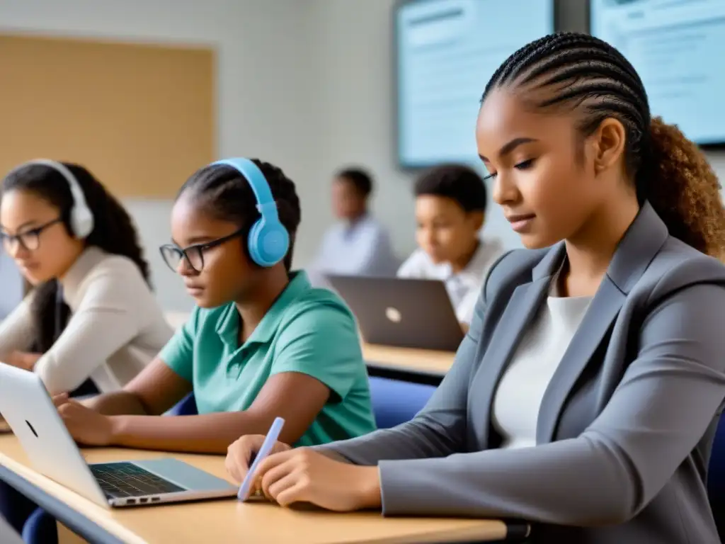 Un aula moderna en Uruguay con estudiantes concentrados en actividad colaborativa, integración tecnológica