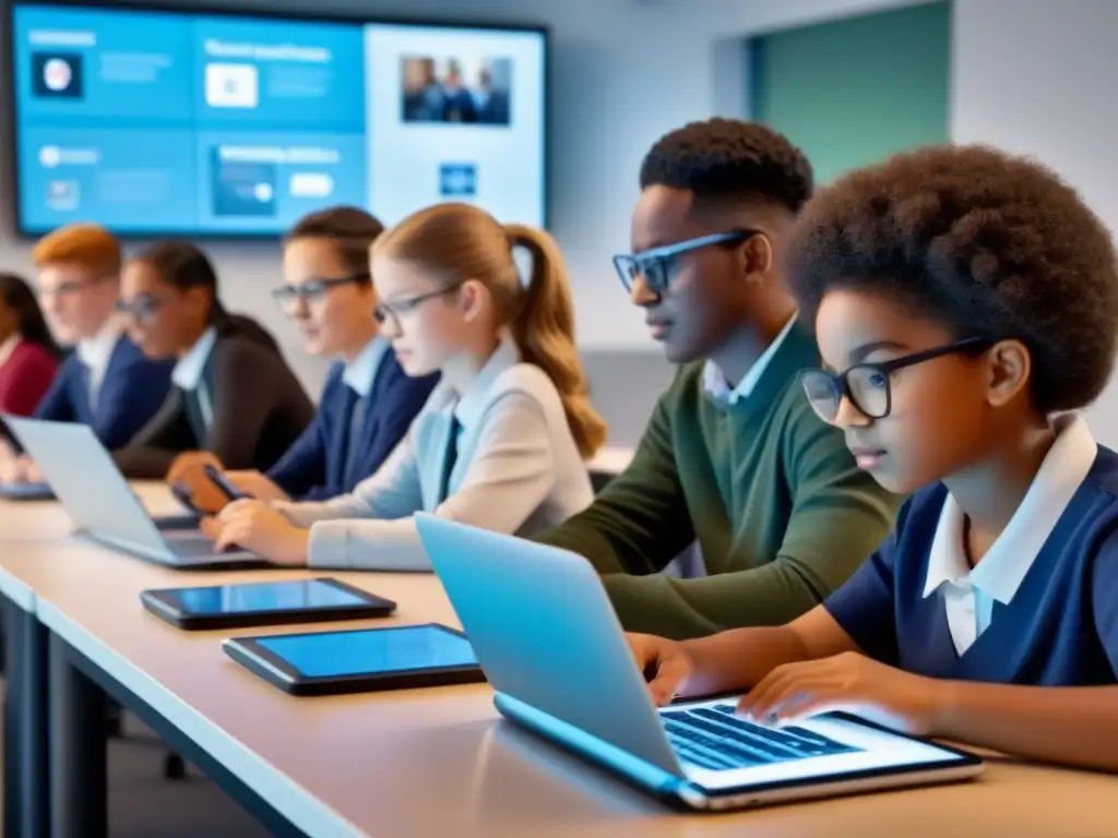 Un aula moderna con estudiantes diversos concentrados en dispositivos digitales, fomentando habilidades digitales en educación en Uruguay