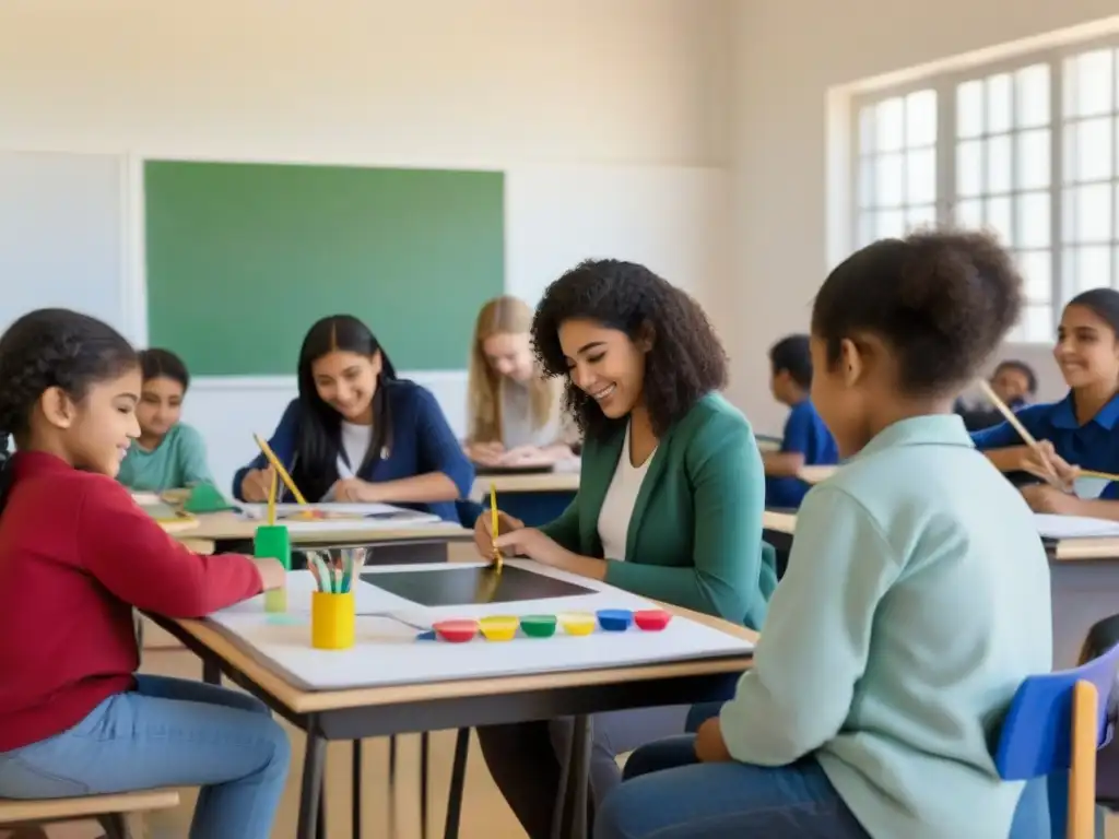 Un aula moderna en Uruguay muestra estudiantes creativos participando en diferentes formas de arte, fomentando la resiliencia a través de las Artes