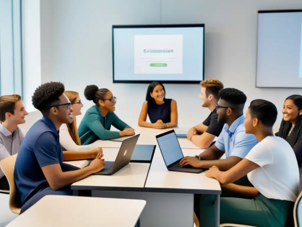 Un aula moderna con estudiantes diversos participando en una discusión dinámica, reflejando un ambiente educativo innovador y colaborativo