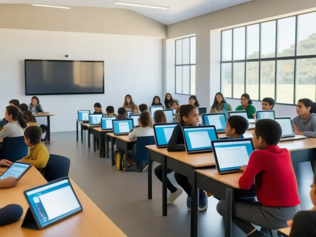 Un aula moderna en Uruguay con gamificación en elearning, estudiantes diversos interactúan con tablets y laptops