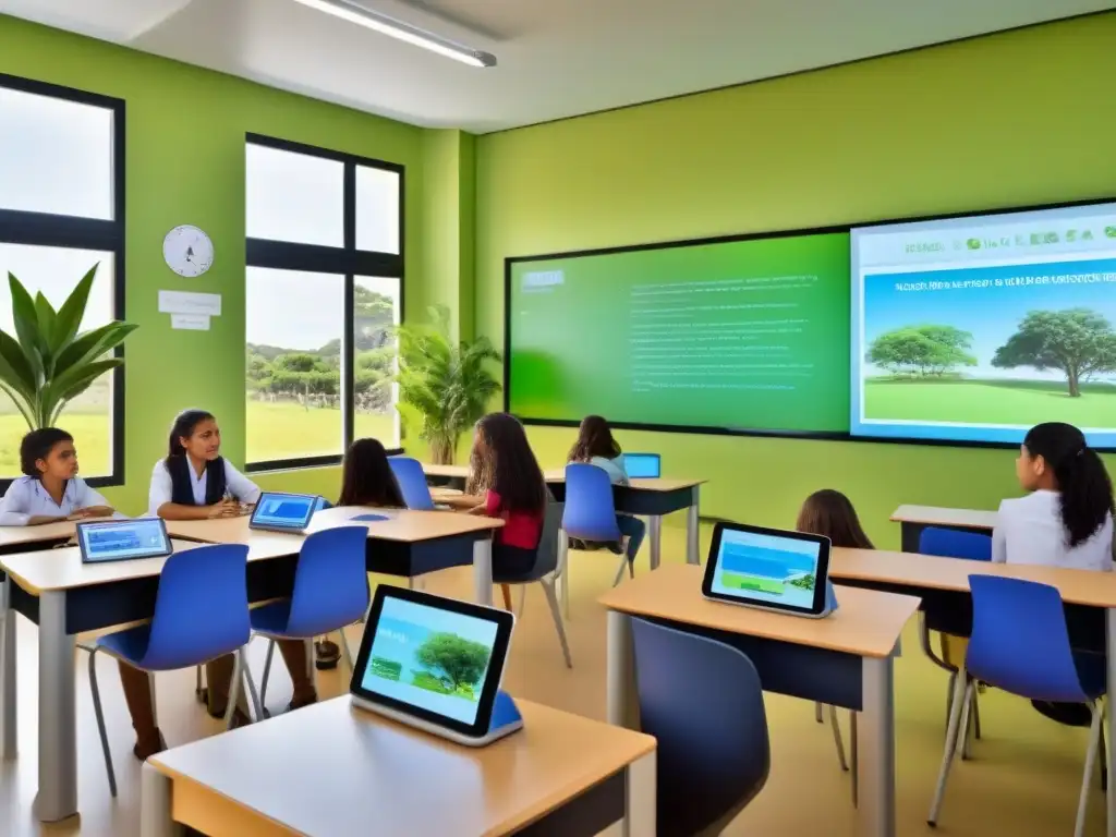 Un aula moderna en Uruguay con estudiantes diversos y tecnología educativa de vanguardia