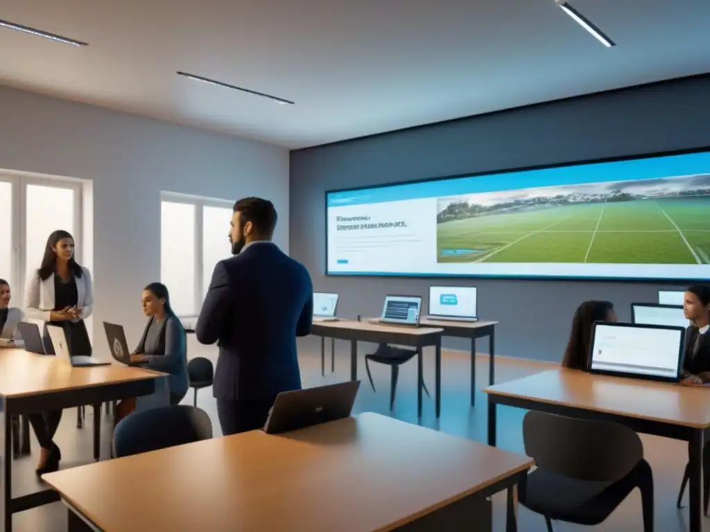 Un aula moderna en Uruguay con estudiantes diversos y un docente usando tecnología educativa