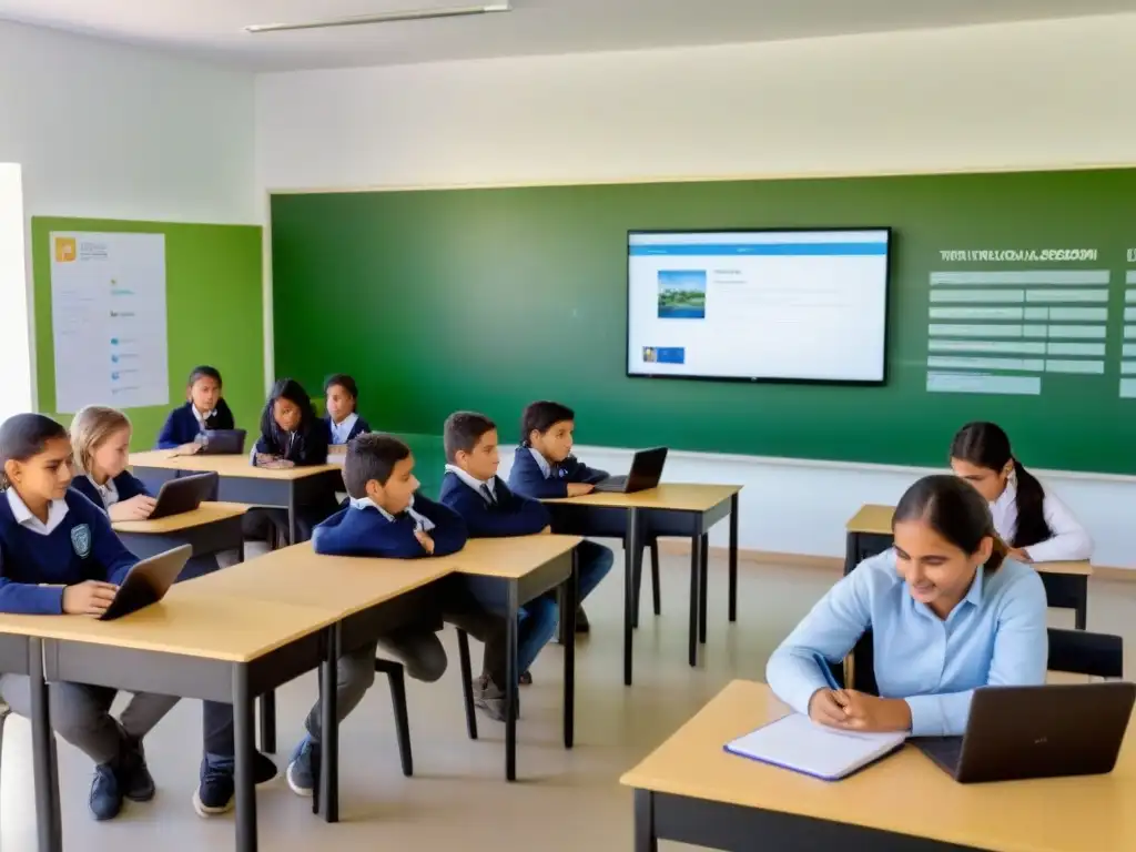 Un aula moderna en Uruguay con estudiantes y docente en actividades colaborativas, integrando tecnología