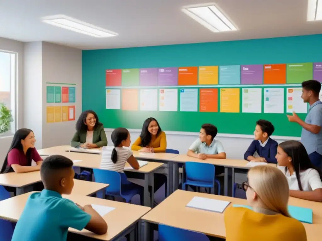 Un aula moderna en Uruguay con estudiantes de diversas edades y etnias participando en las mejores metodologías de enseñanza de idiomas