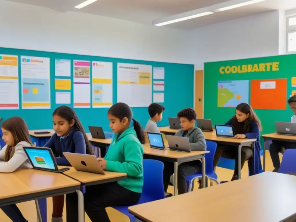 Un aula moderna en Uruguay con estudiantes de diversas edades y orígenes usando herramientas digitales para educadores uruguayos