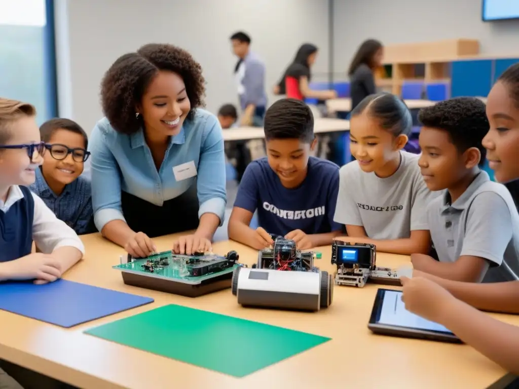 Un aula moderna en Uruguay muestra estudiantes de distintas edades y etnias emocionados participando en un taller de robótica educativa