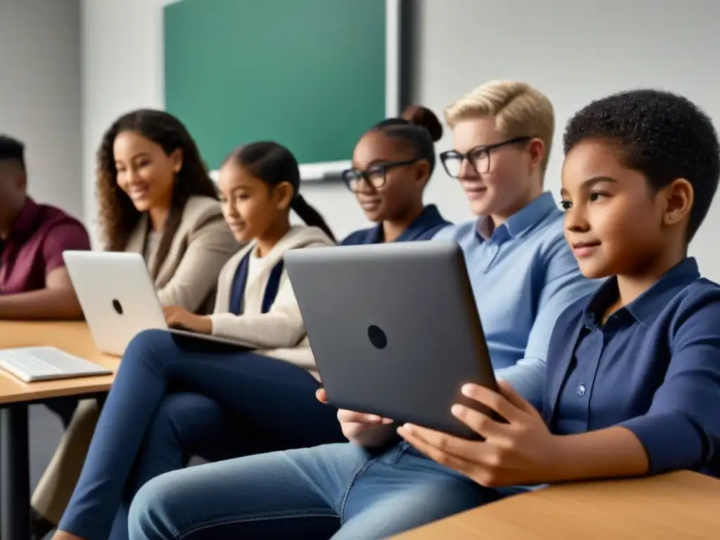 Un aula moderna donde estudiantes de diferentes edades y etnias colaboran en laptops y tabletas, destacando la inclusión y el trabajo en equipo