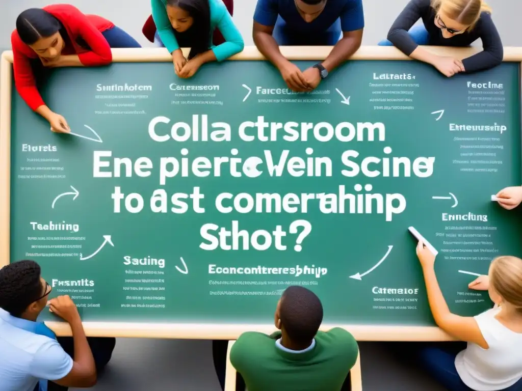 Un aula moderna con estudiantes enfocados en proyectos colaborativos, rodeados de frases inspiradoras sobre emprendimiento y crecimiento económico