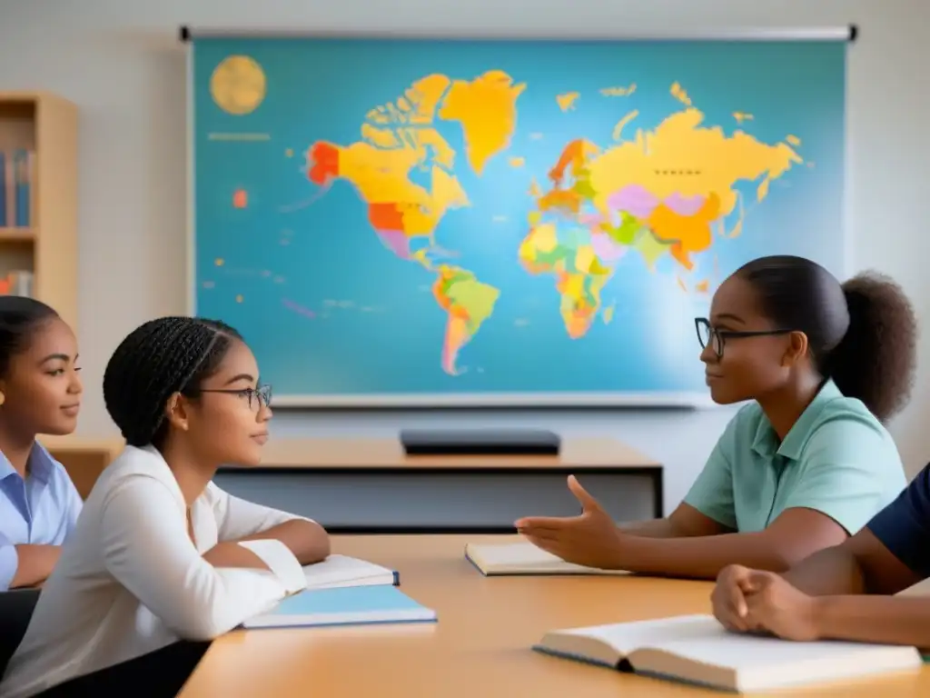 Un aula moderna donde estudiantes diversos discuten con entusiasmo, simbolizando la igualdad educativa