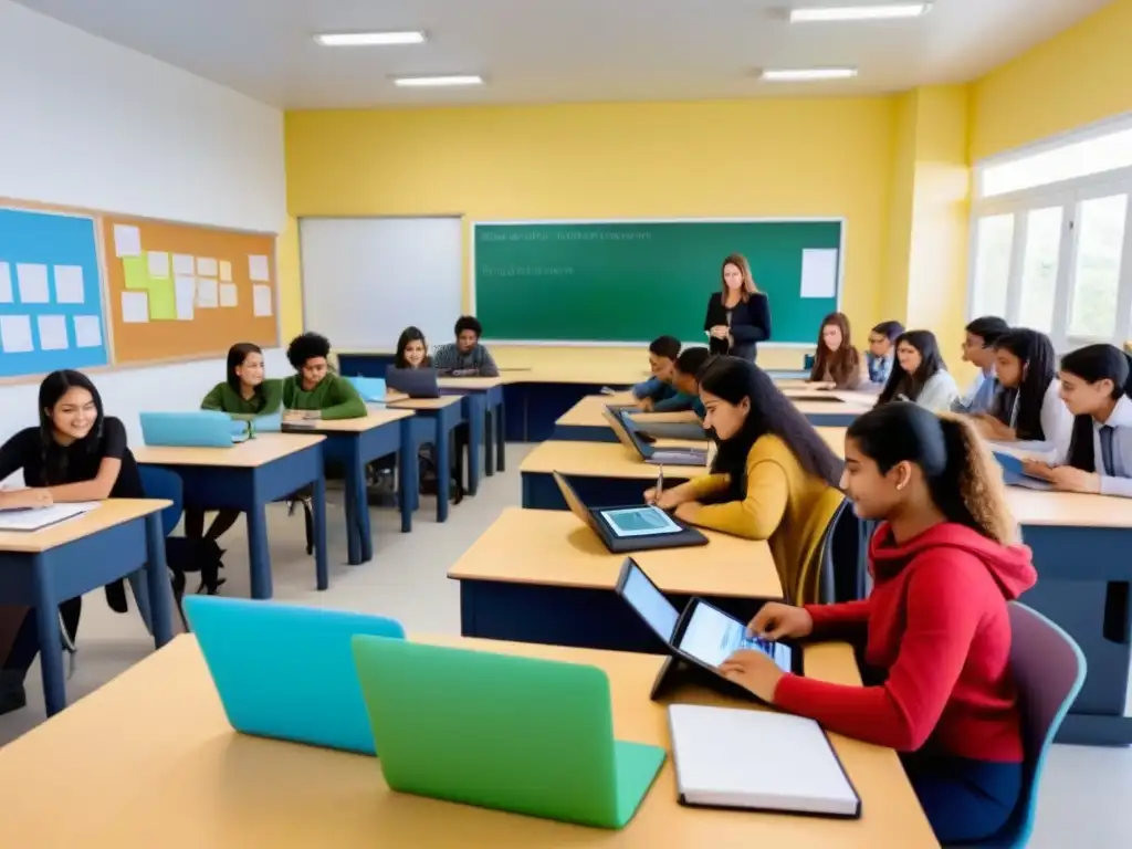 Un aula moderna en Uruguay con estudiantes diversos creando eportfolios educativos